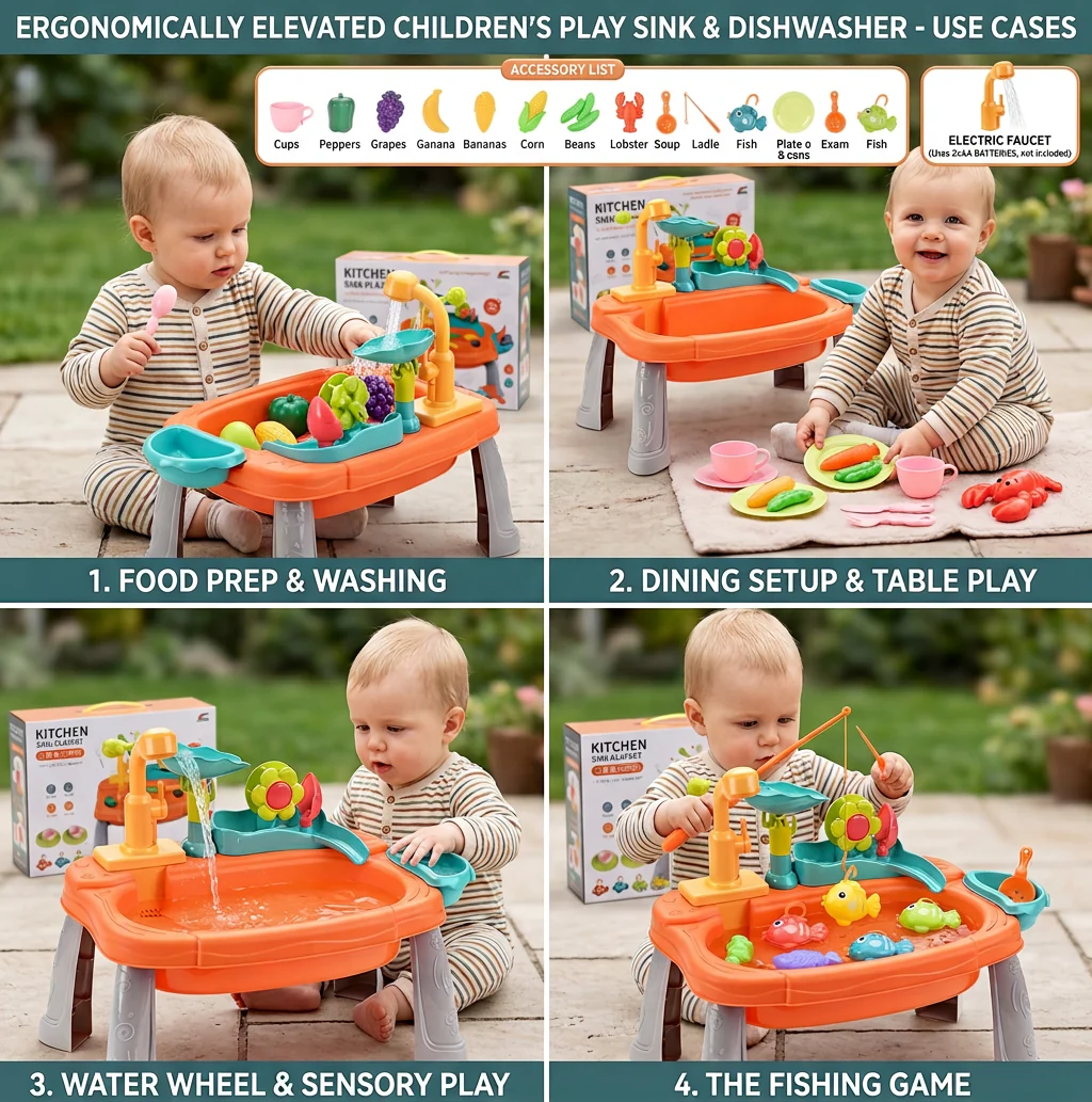 Ergonomic Elevated Kids Kitchen Sink Playset with Electric Running Water - Image 4