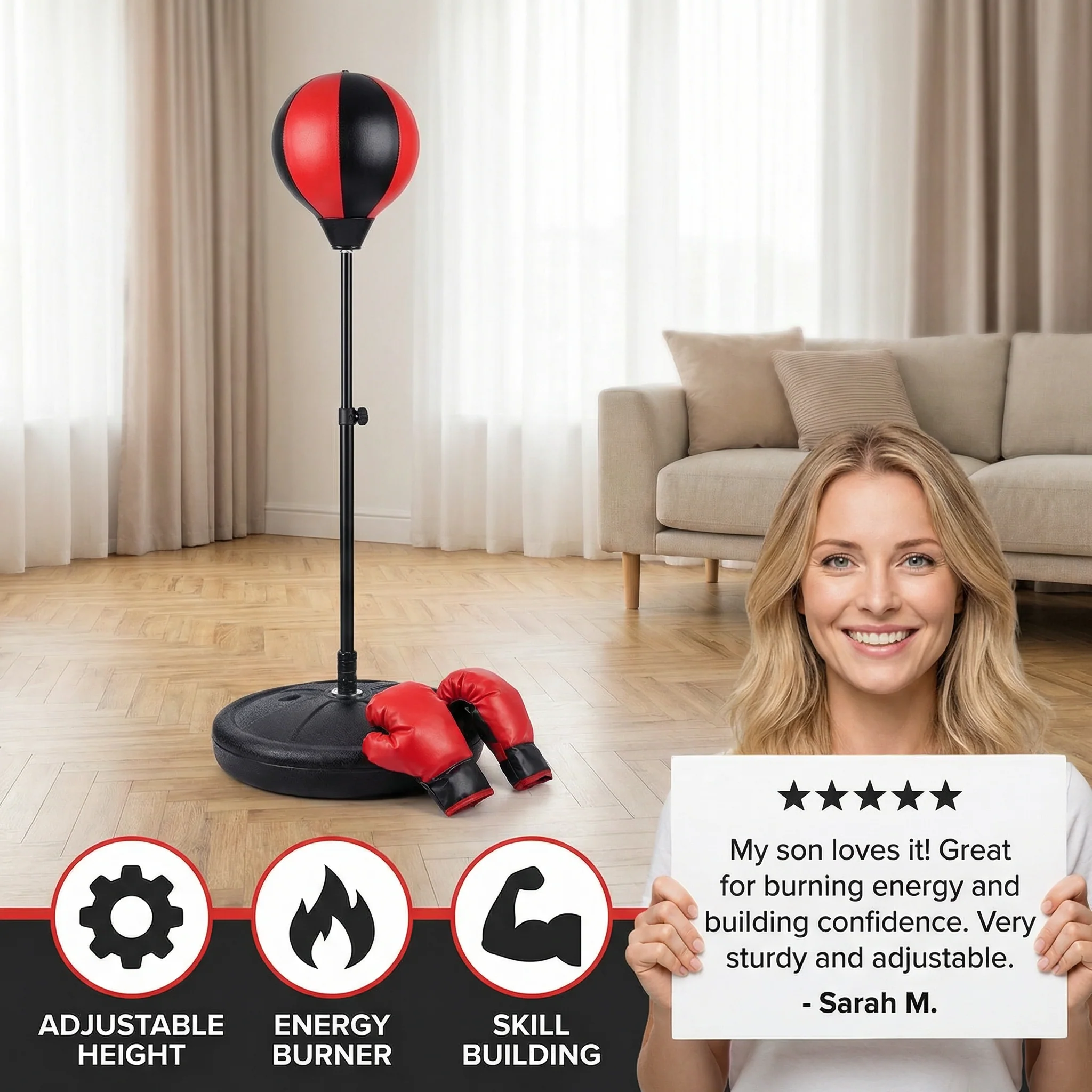 Kids Boxing Set with Standing Punching Bag & Gloves – Adjustable Height Training Set for Ages 3–8 - Image 2