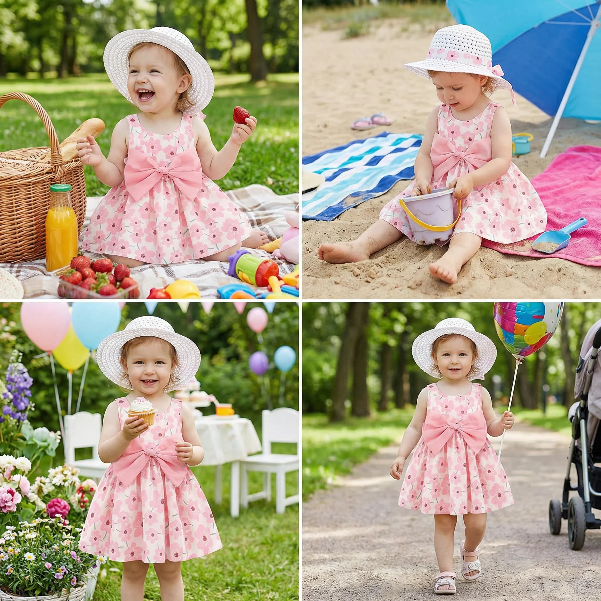 Korean Style 2-Piece Girls Dress Set – Floral Bow Strap Dress with Matching Hat - Image 4