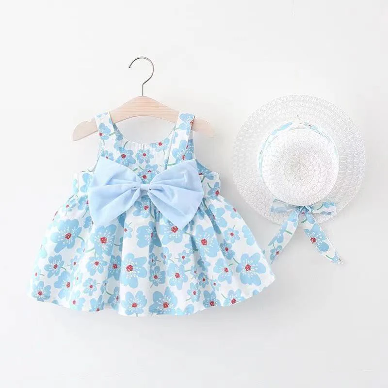 Korean Style 2-Piece Girls Dress Set – Floral Bow Strap Dress with Matching Hat - Image 7