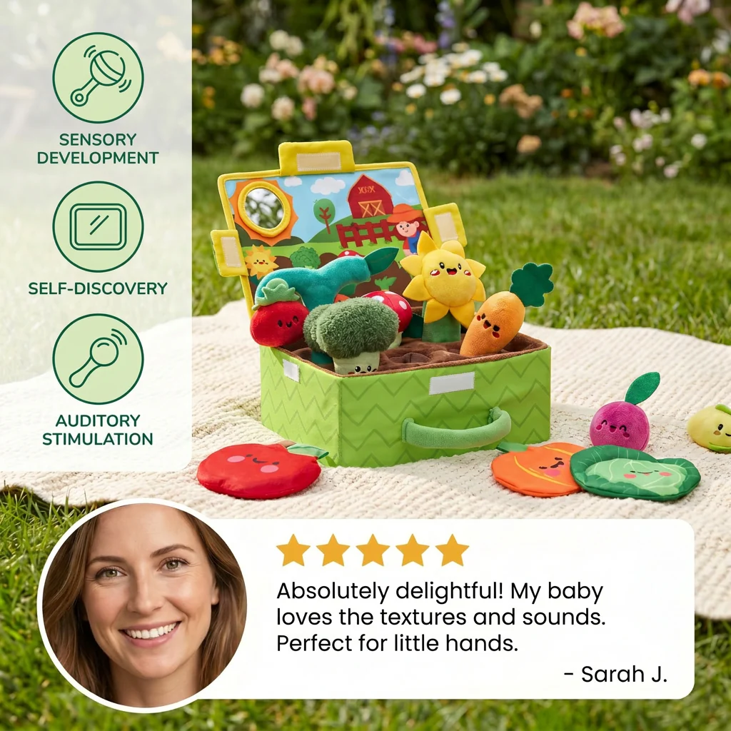 Montessori Garden Sensory Toy for Babies – Plush Fruit & Vegetable Set with Rattle, Mirror & Squeaker - Image 2