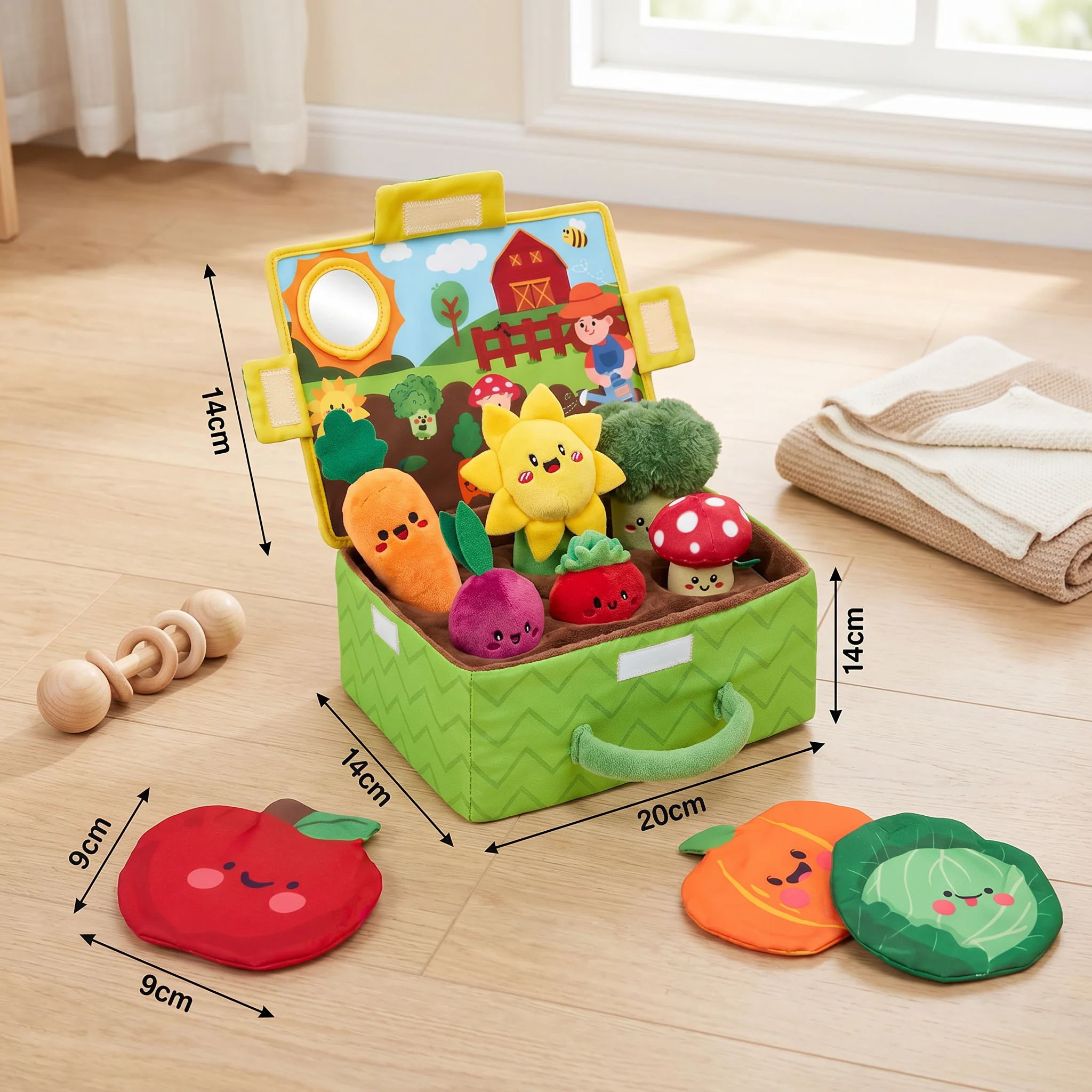 Montessori Garden Sensory Toy for Babies – Plush Fruit & Vegetable Set with Rattle, Mirror & Squeaker - Image 5