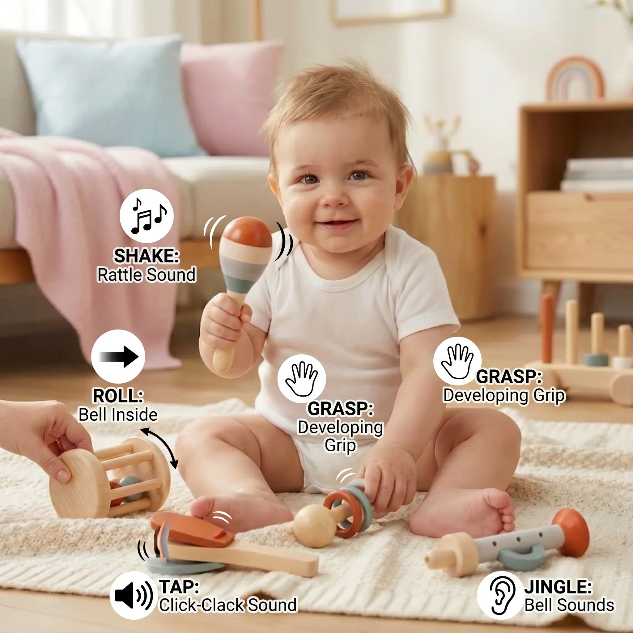 Montessori Wooden Baby Music Set – 5-Piece Sensory Rattle Toy Collection - Image 3