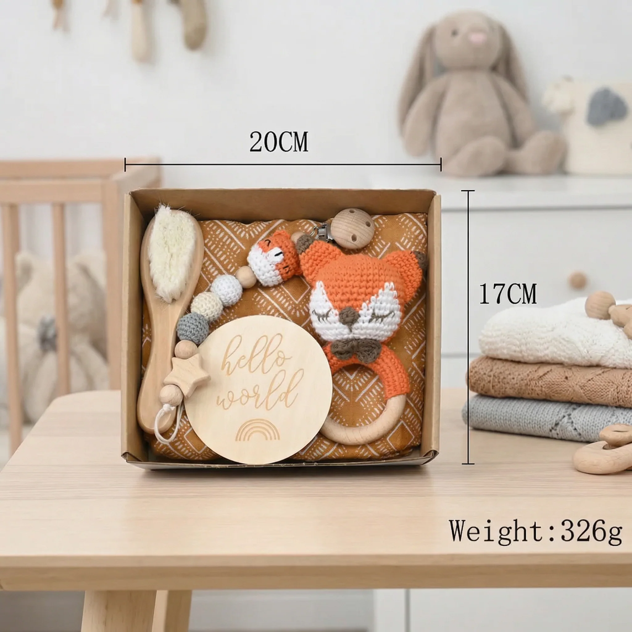 Newborn Gift Box – Crochet Animal Rattle, Wooden Toy, Muslin Blanket & Pacifier Clip - Image 5