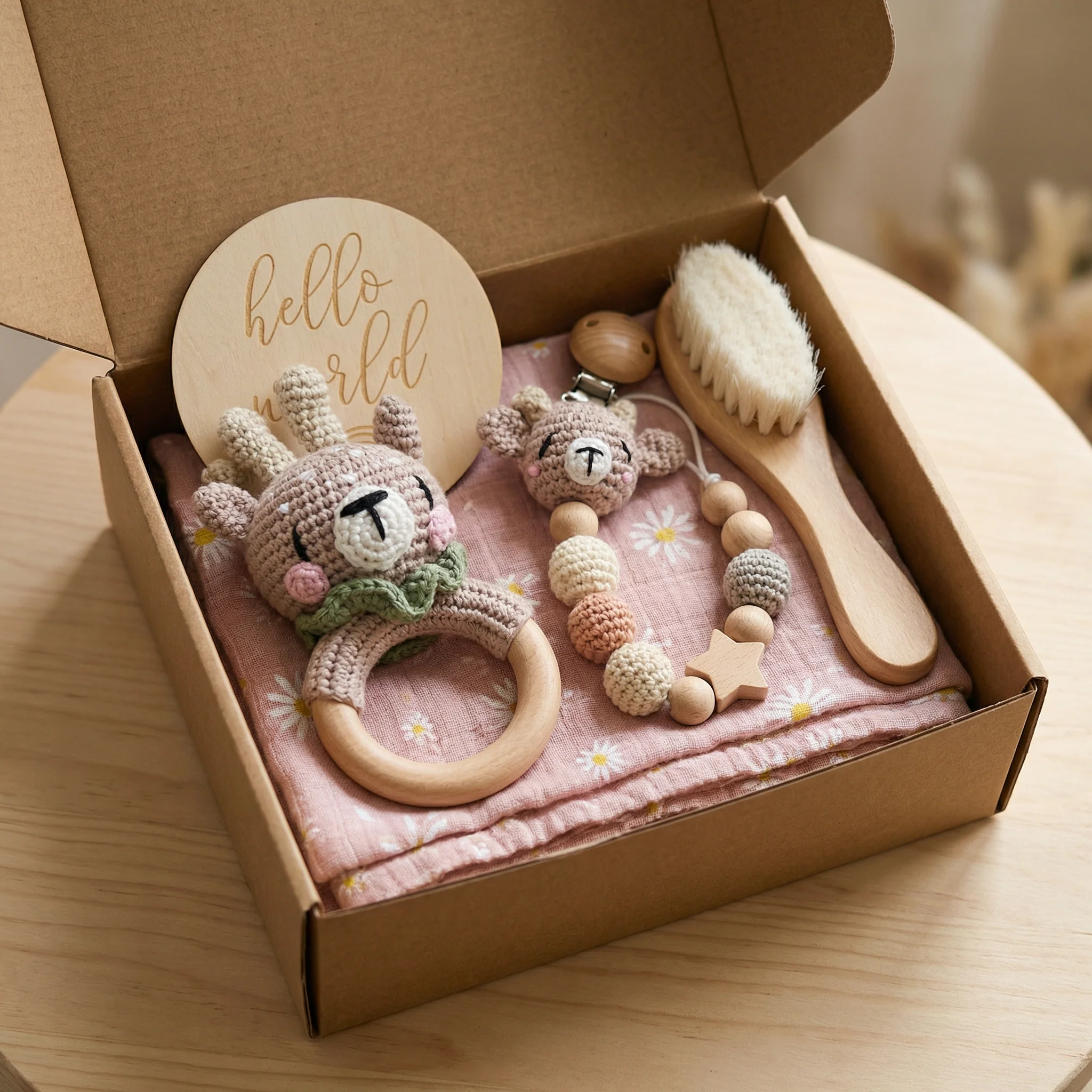 Newborn Gift Box – Crochet Animal Rattle, Wooden Toy, Muslin Blanket & Pacifier Clip - Image 8