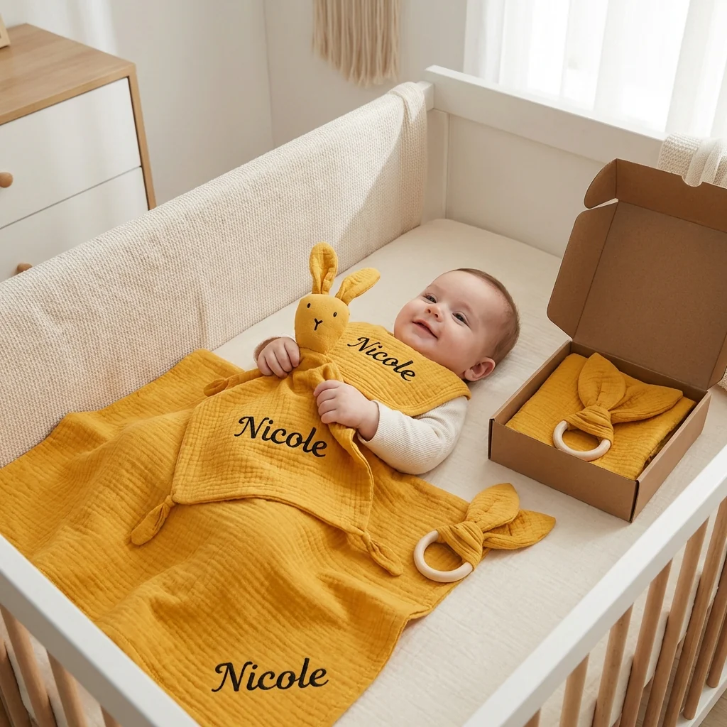 Personalised 4-Piece Newborn Gift Set – Muslin, Bunny Comforter, Teether & Bib (100% Cotton) - Image 10