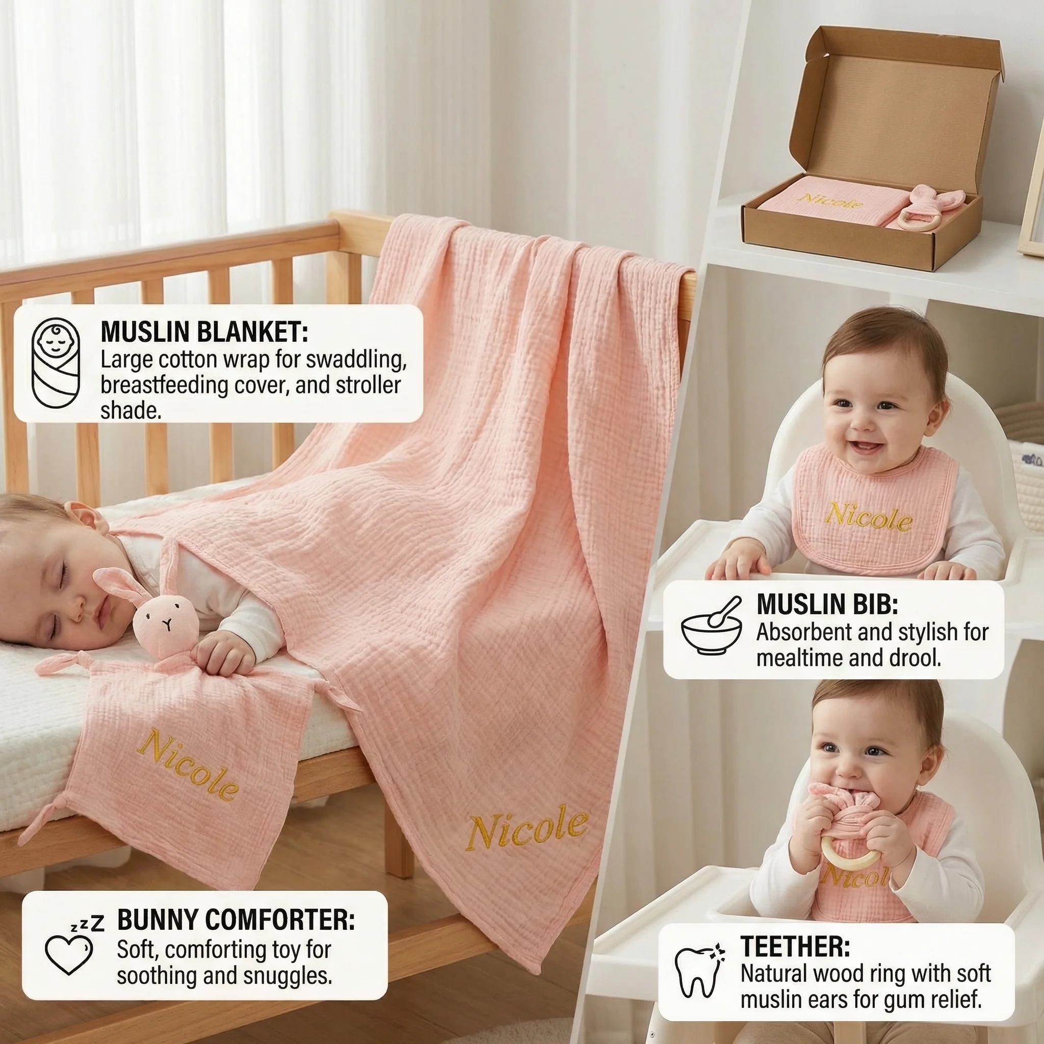 Personalised 4-Piece Newborn Gift Set – Muslin, Bunny Comforter, Teether & Bib (100% Cotton) - Image 4