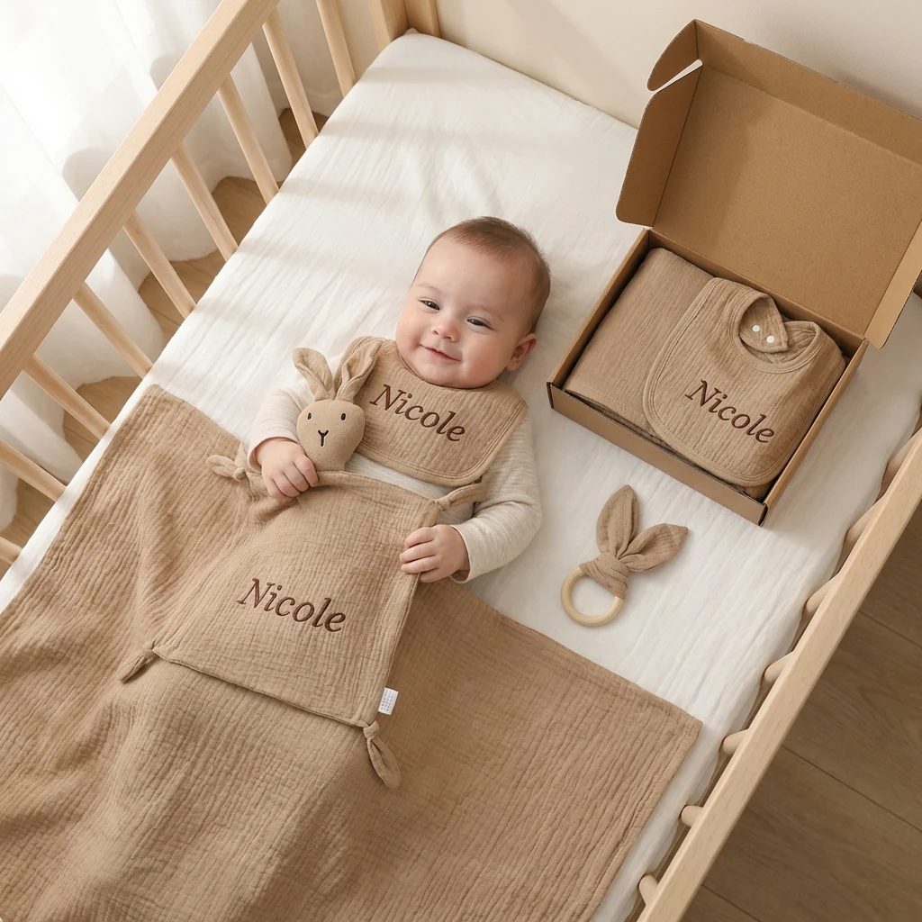 Personalised 4-Piece Newborn Gift Set – Muslin, Bunny Comforter, Teether & Bib (100% Cotton) - Image 7
