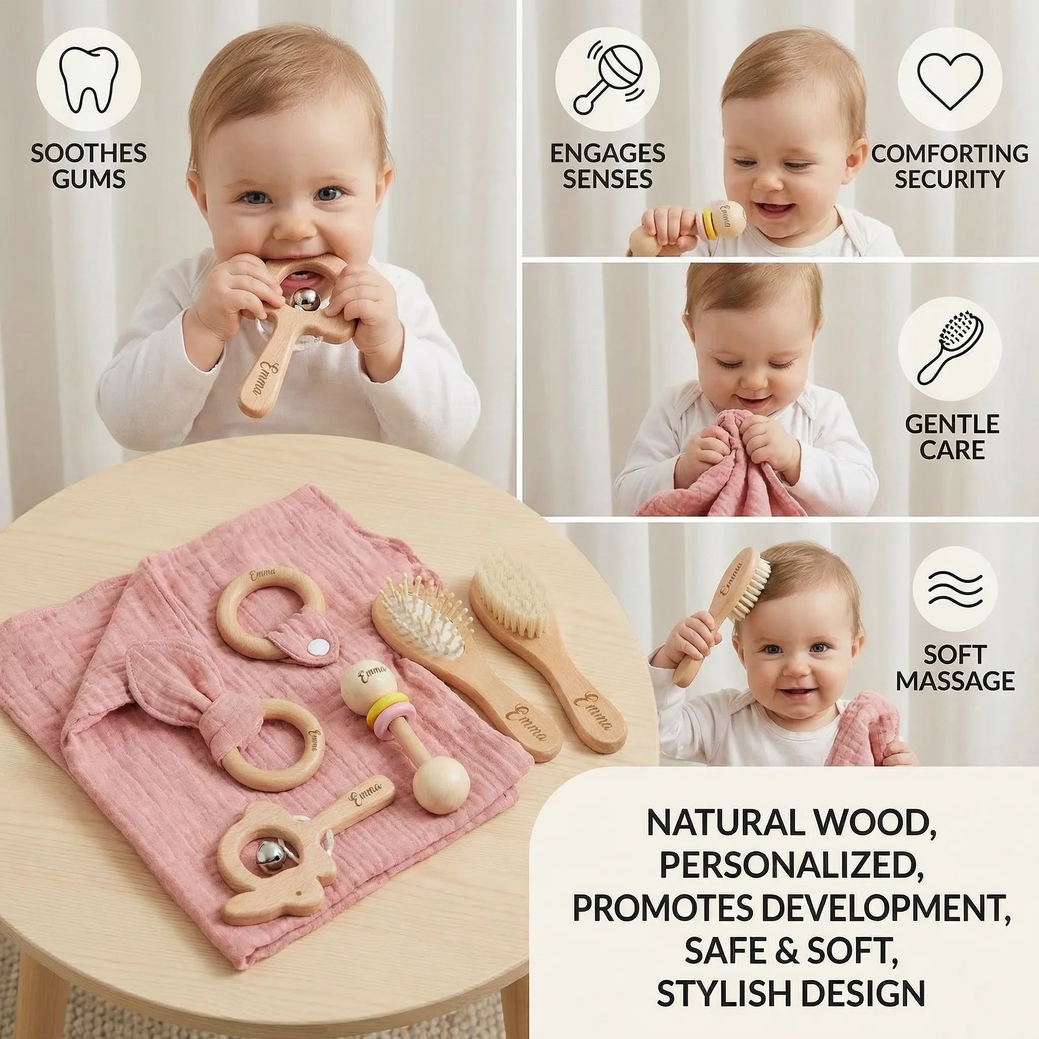 Personalized 6-Piece Baby Gift Set in Wood & Muslin – Teethers, Rattles, Hairbrush & Comfort Blanket with Name Engraving - Image 3