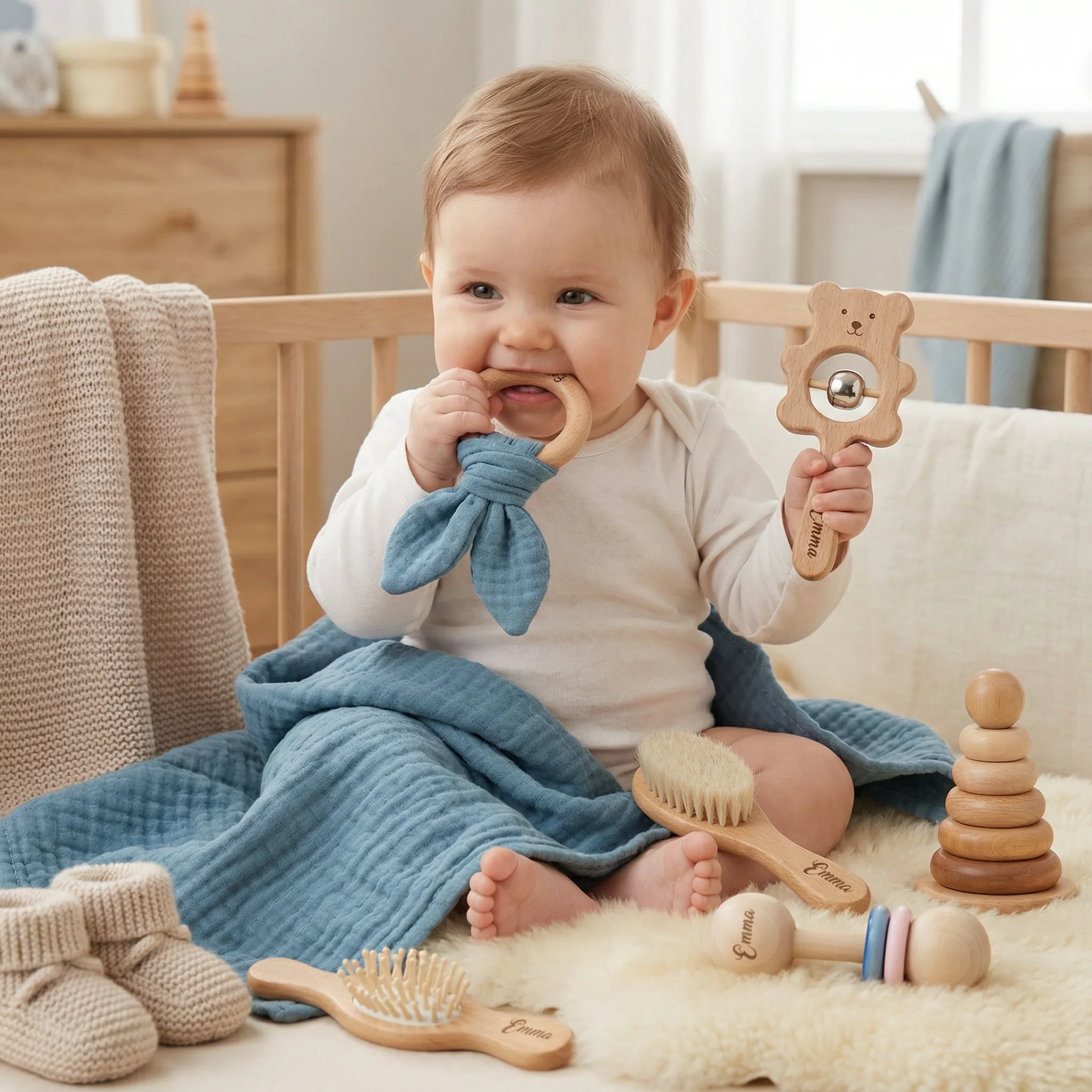 Personalized 6-Piece Baby Gift Set in Wood & Muslin – Teethers, Rattles, Hairbrush & Comfort Blanket with Name Engraving - Image 6