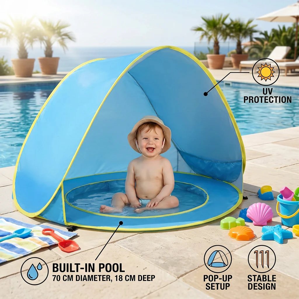 Pop-Up Baby Beach Tent with Built-In Pool & UV Protection – Portable Sun Shade for Kids - Image 3