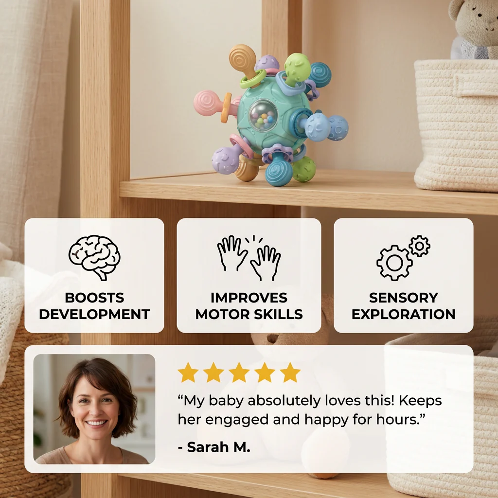 Sensory Baby Activity Ball with Silicone Teether and Rattle - Image 2