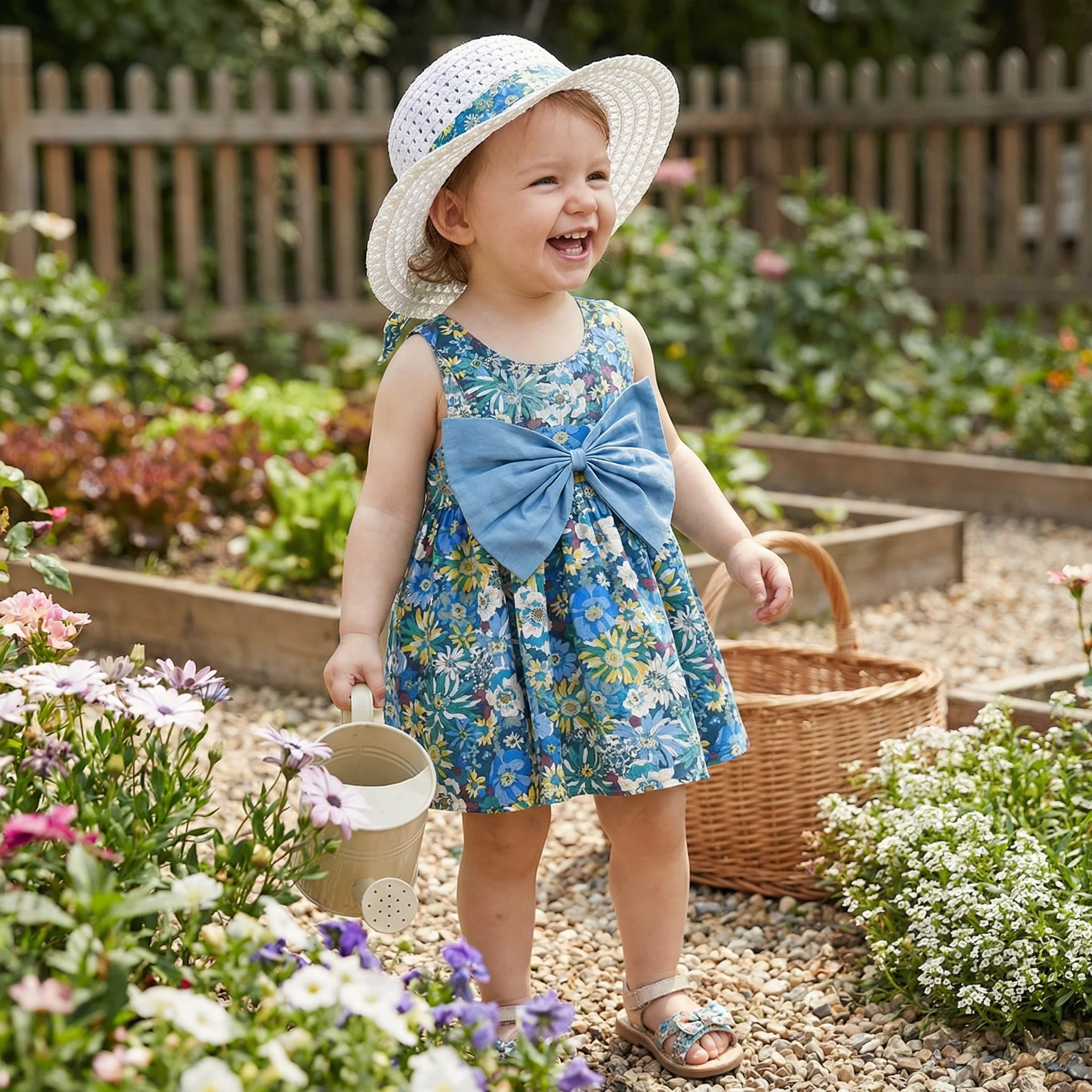 Summer 2-in-1 Girls Dress Set – Sleeveless Cotton Dress with Bow & Floral Sun Hat
