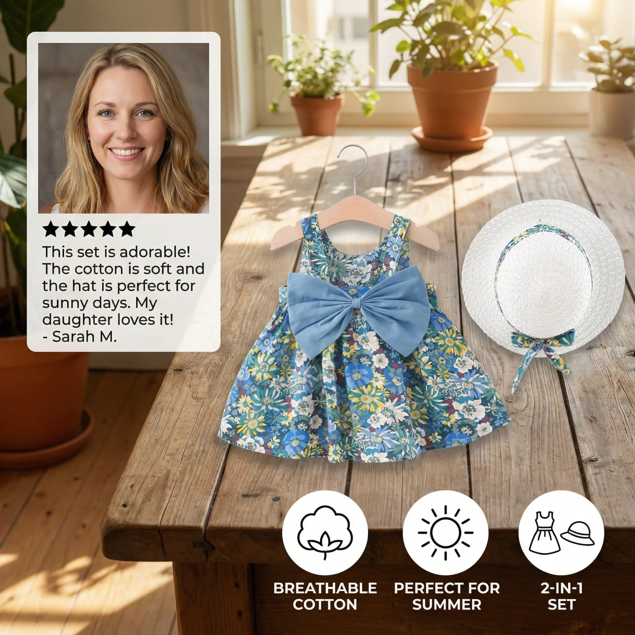 Summer 2-in-1 Girls Dress Set – Sleeveless Cotton Dress with Bow & Floral Sun Hat - Image 2