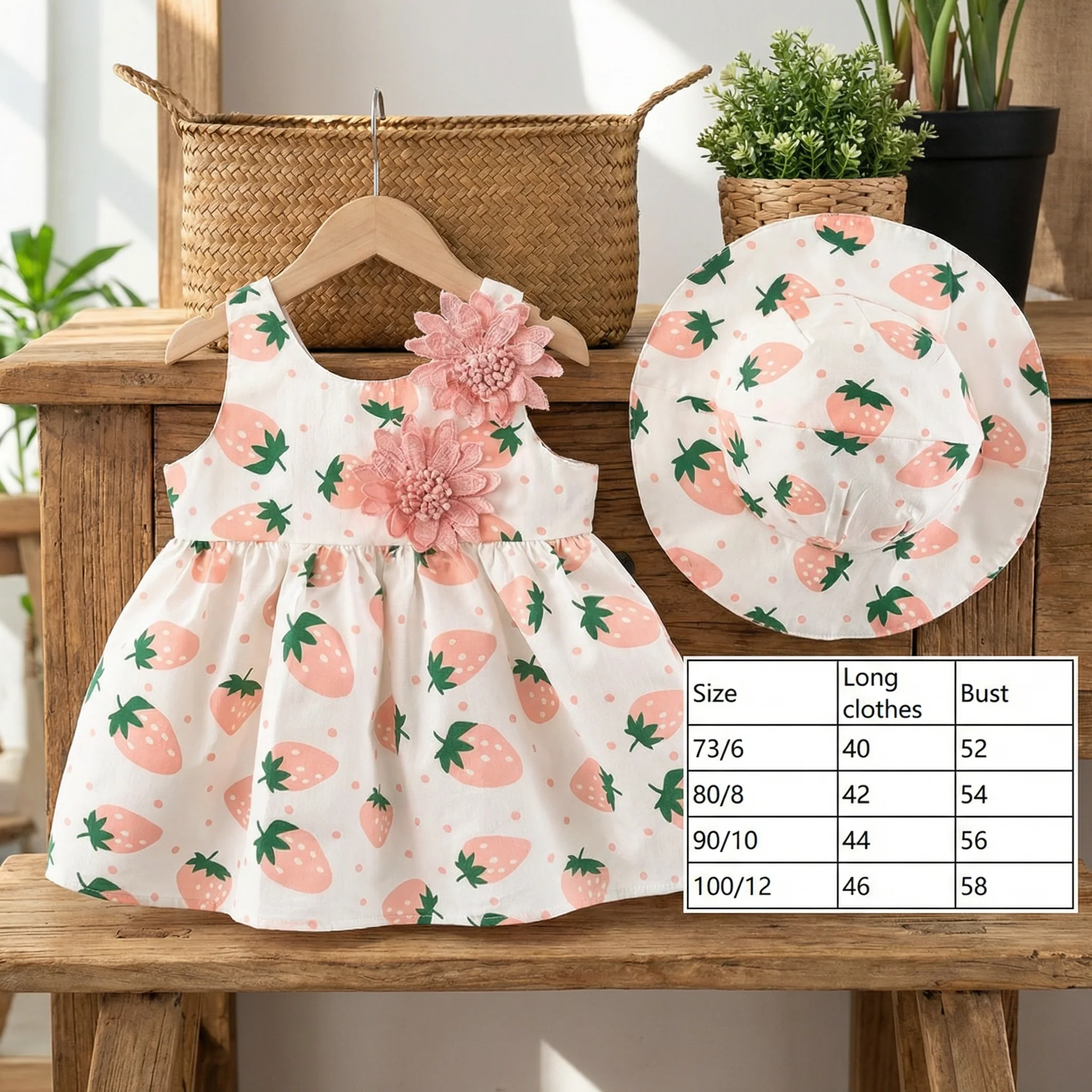Summer 2-Piece Girls Dress Set – Sleeveless Strawberry Print Dress with Matching Hat - Image 5