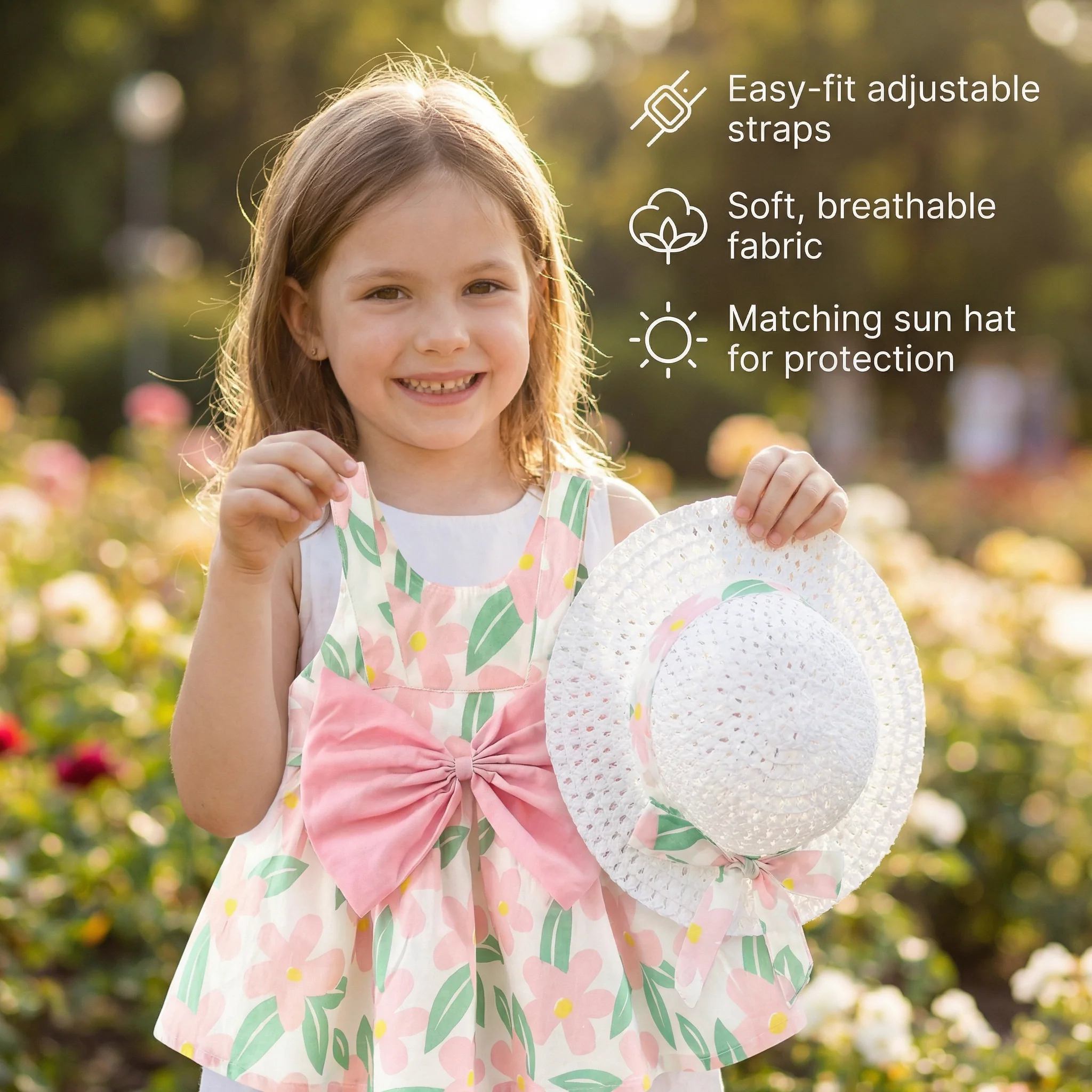 Summer Strap Dress Set for Babies & Toddlers – Sleeveless Bow Dress with Matching Hat - Image 3