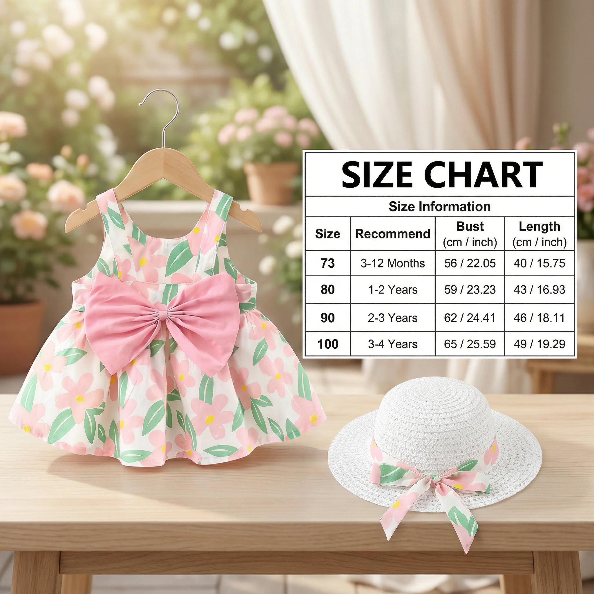 Summer Strap Dress Set for Babies & Toddlers – Sleeveless Bow Dress with Matching Hat - Image 5