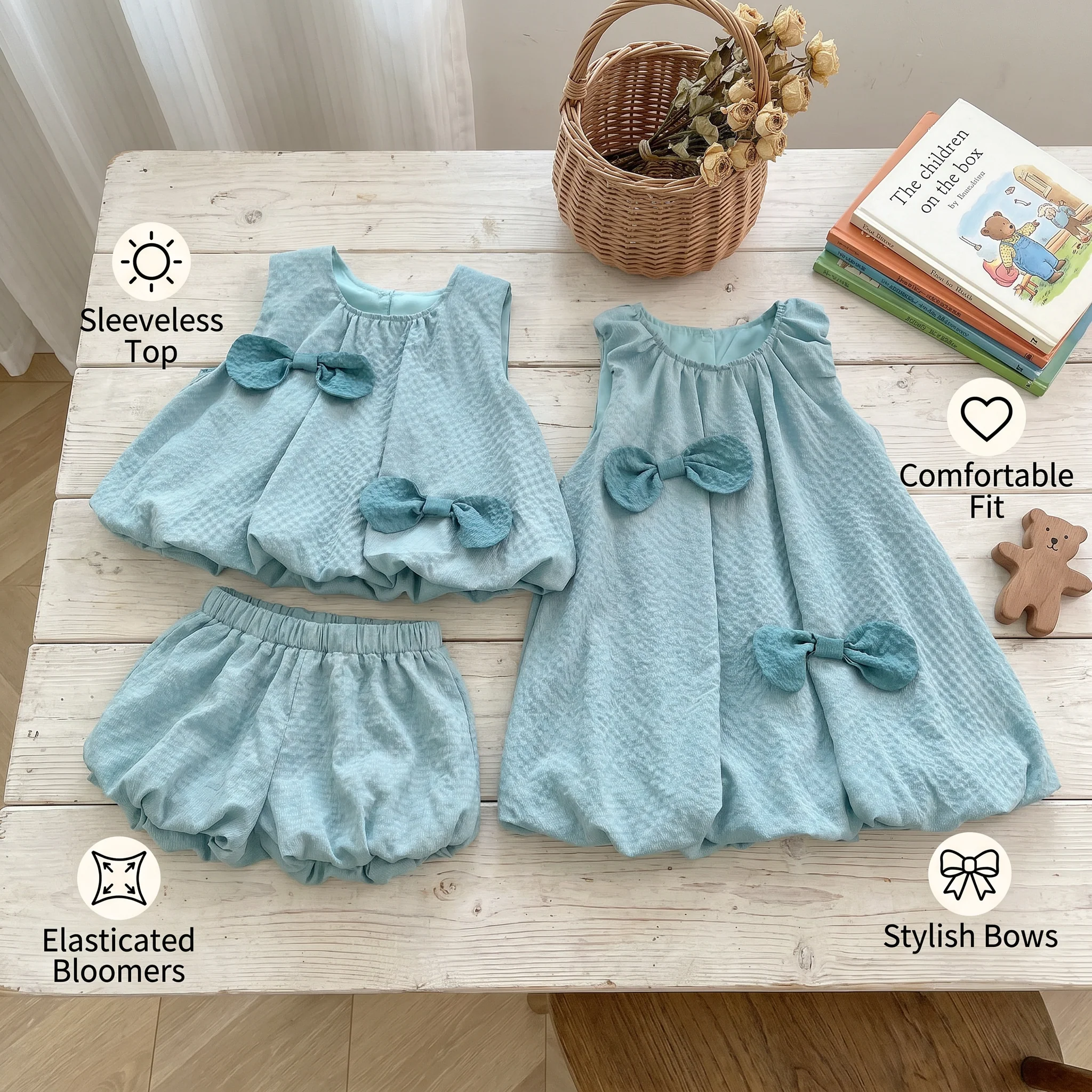 Trendy Girls’ 2-Piece Outfit – Green Set with Bow Details - Image 3