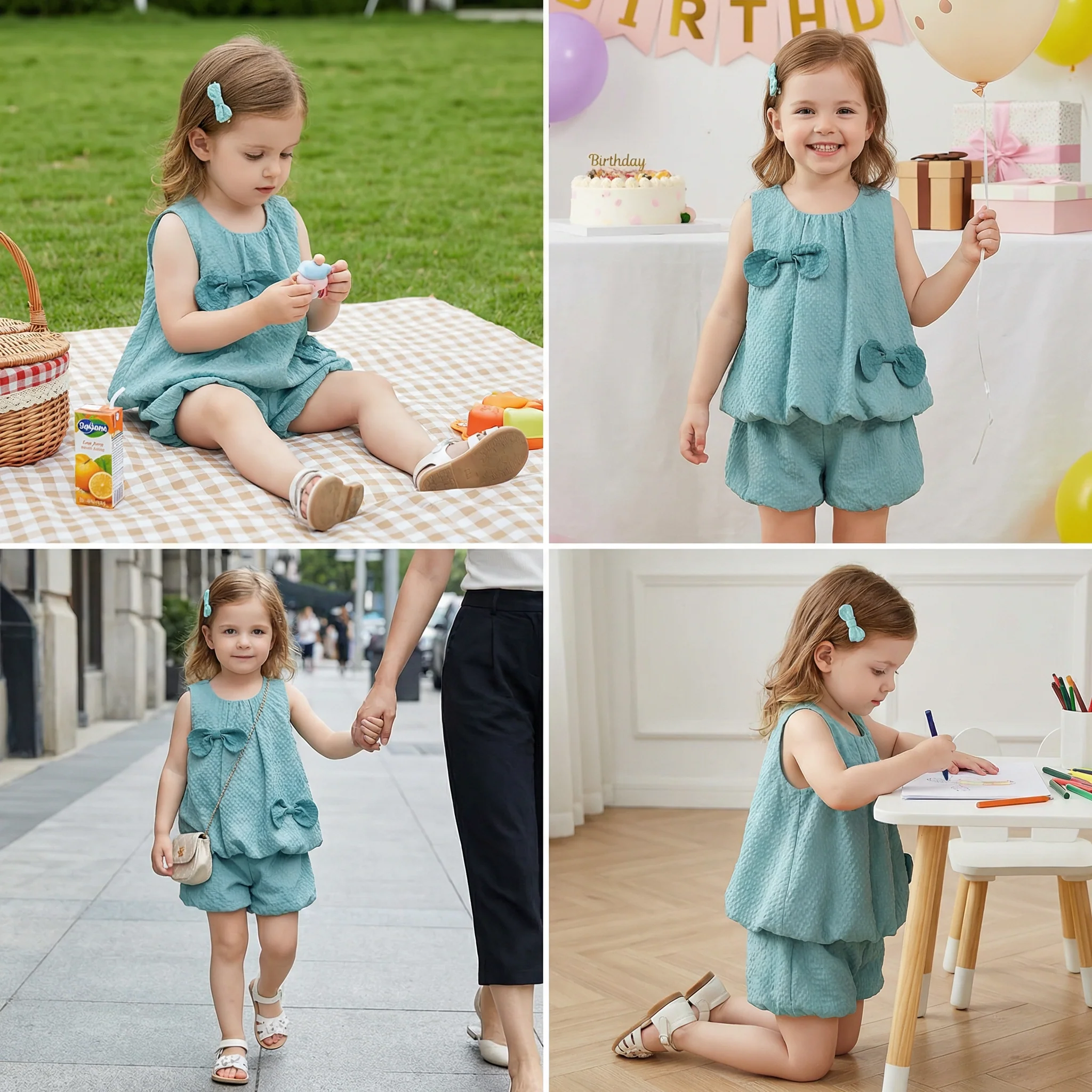 Trendy Girls’ 2-Piece Outfit – Green Set with Bow Details - Image 4